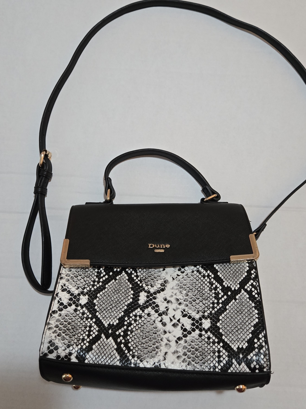 Dune London Black & White Snake-Print Top Handle Satchel with Gold Trim